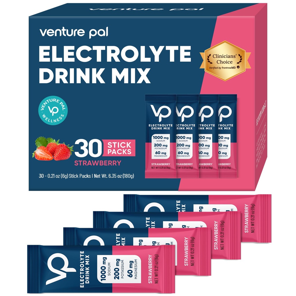 Venture Pal High Sodium Sugar Free Electrolytes Powder Packet - Hydration Packets with Vitamin, Sodium & Potassium | Zero Calories | Vegan, Keto & Paleo Friendly Electrolyte Drink Mix - 30 Sticks