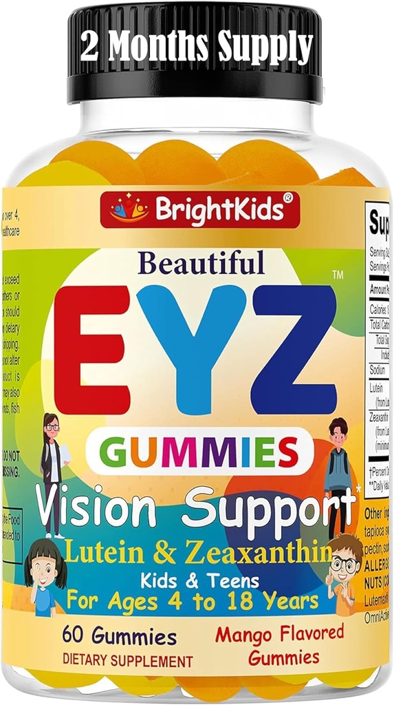 BrightKids Eye Health Gummies for Kids & Teens - Lutein & Zeaxanthin Vision Support - Vegan, Non- GMO Eye Vitamin til Screen Time - Tasty Mango Flavor - 60 Gummies