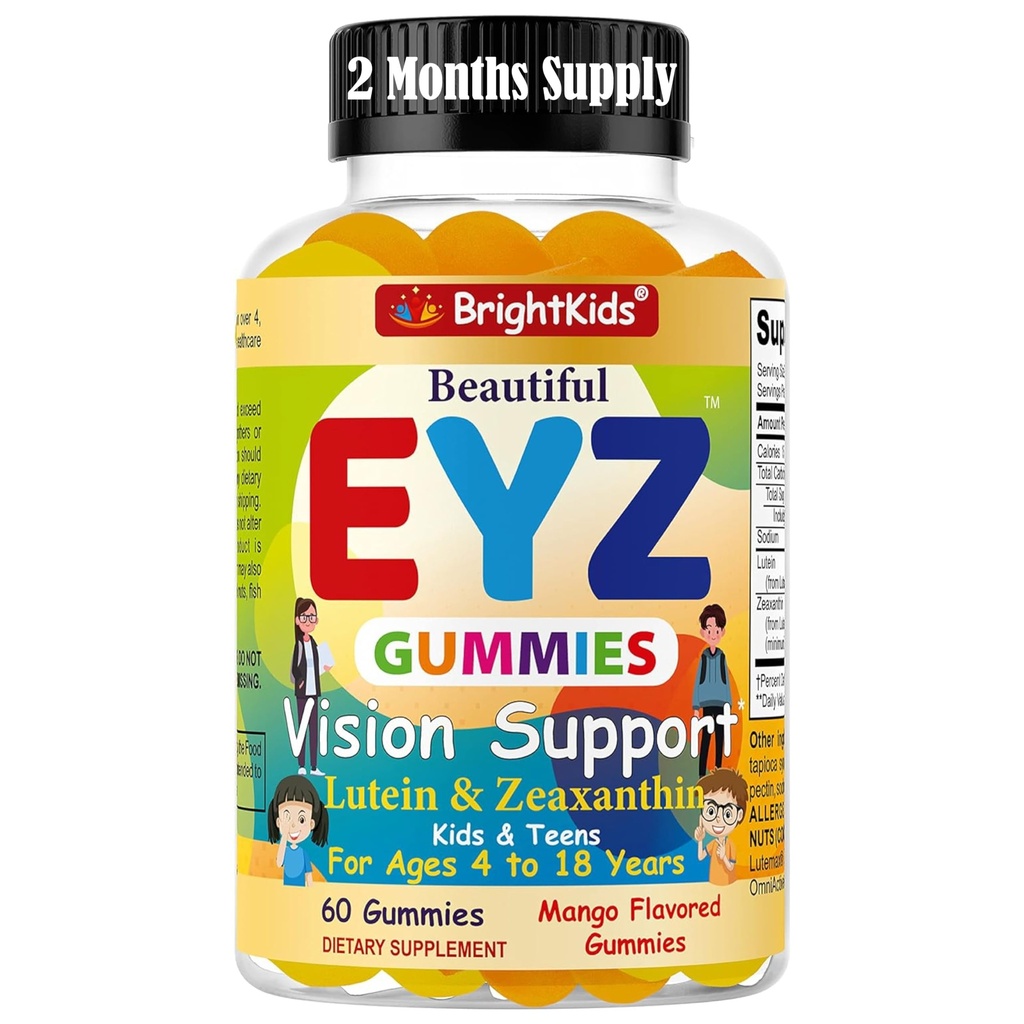 BrightKids Eye Health Gummies for Kids & Teens - Lutein & Zeaxanthin Vision Support - Vegan, Non- GMO Eye Vitamin til Screen Time - Tasty Mango Flavor - 60 Gummies