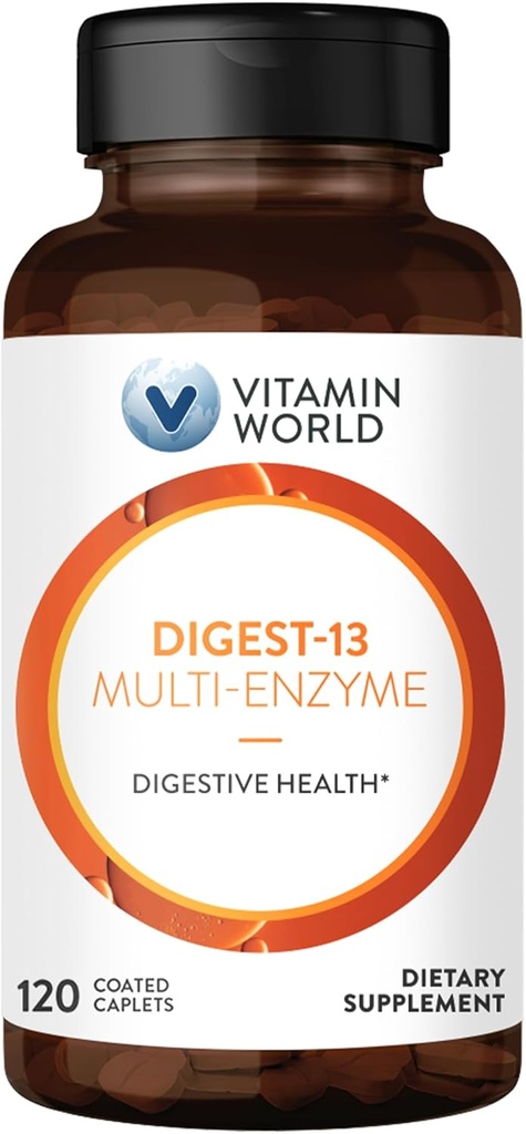 Vitamin World Digest- 13 Multi- Enzyme, 1010mg fordøjelsesenzymer Blend med Amylase, Bromelain, Papain & Lipase til fordøjelse og absorption, fordøjelsesenzymer til bloating & Gas, 120 kapsler