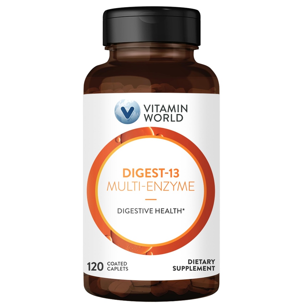 Vitamin World Digest- 13 Multi- Enzyme, 1010mg fordøjelsesenzymer Blend med Amylase, Bromelain, Papain & Lipase til fordøjelse og absorption, fordøjelsesenzymer til bloating & Gas, 120 kapsler