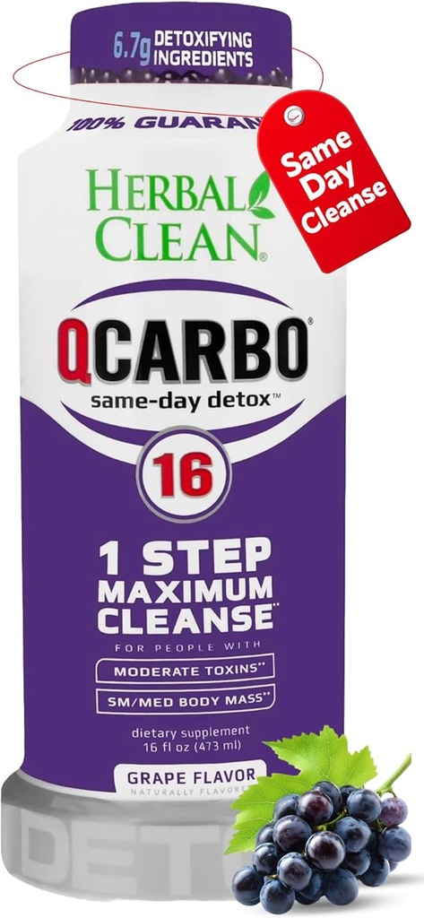 Herbal Clean Qcarbo16 samme dag Detox Rengøring drik (16 fl oz) - Grape Flavor Full Body Rense * Detox drik til moderat toksin niveau *, vitamin B2 og vitamin B12 til mænd og kvinder