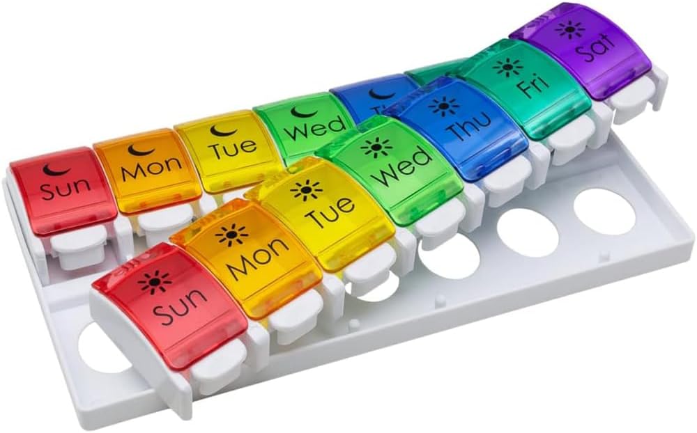 EZY DOSE Weekly (7-Day) Pill Case, Medicine Planner, Vitamin Organizer, 2 gange om dagen AM / PM, Removeabale Trays, Store trykknapper Compartments, Let at bruge, Gigt Friendly, Rainbow Lids, BPA Free