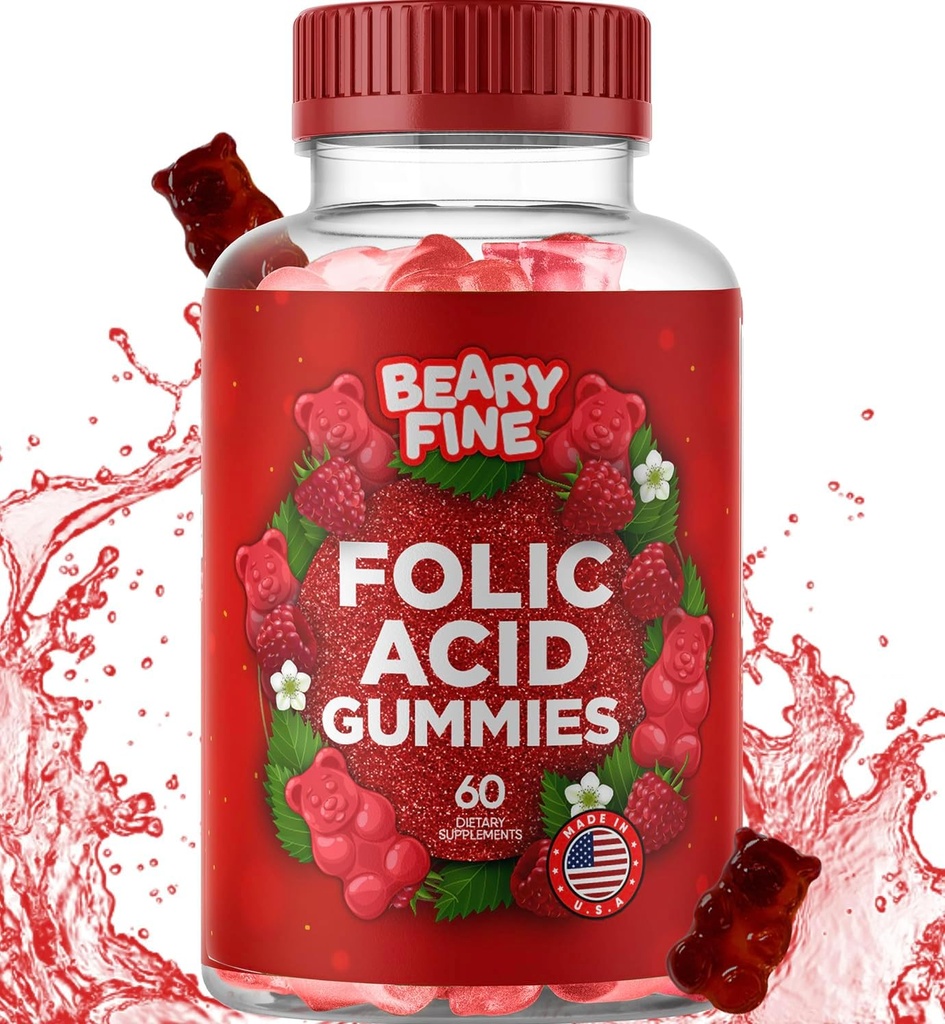 Folinsyre Gummies 400mcg - Essential Prenatal & Graviditet Gummy til kvinder, Moms & Baby at være - 60 Raspberry Flavored Folate Gummy Vitaminer - Lavet i USA