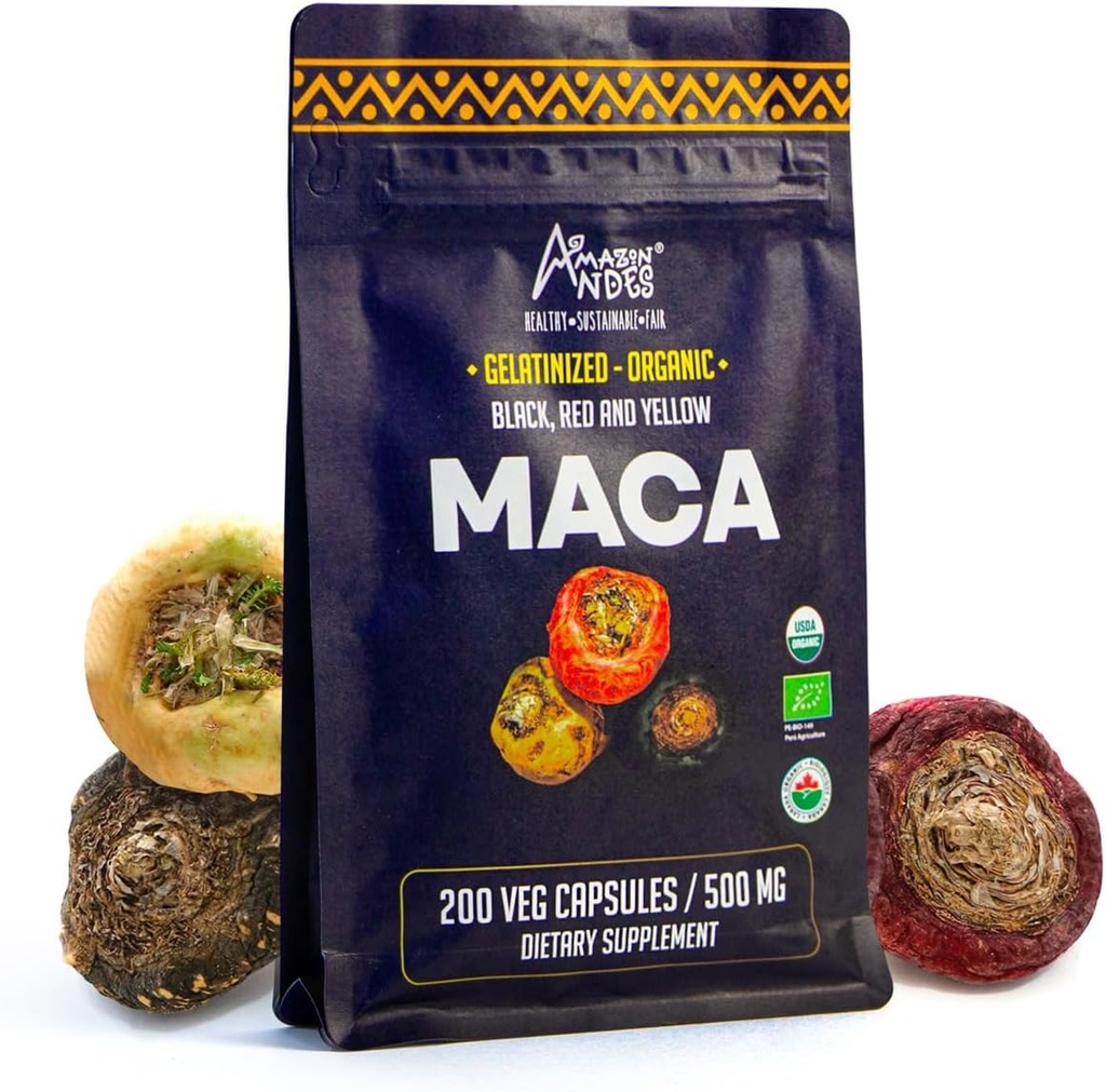 Premium Black, Red & Yellow Maca Capsules l 300 mg Servering for øget energi og fysisk ydeevne l Kraftig antioxidant & immunsystem Booster l 100% Natural og Organic l Andes