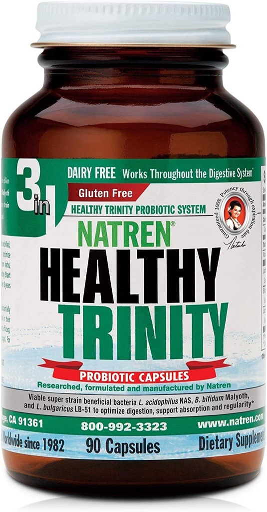 Natren Sund Trinity Probiotika Supplement - 90 Dairy and Gluten Free Gel Capsules - Forbedre Gut og fordøjelse, 30 Millioner CFU - Lactobacillus Acidophilus, Bifidobacterium, Bulgaricus