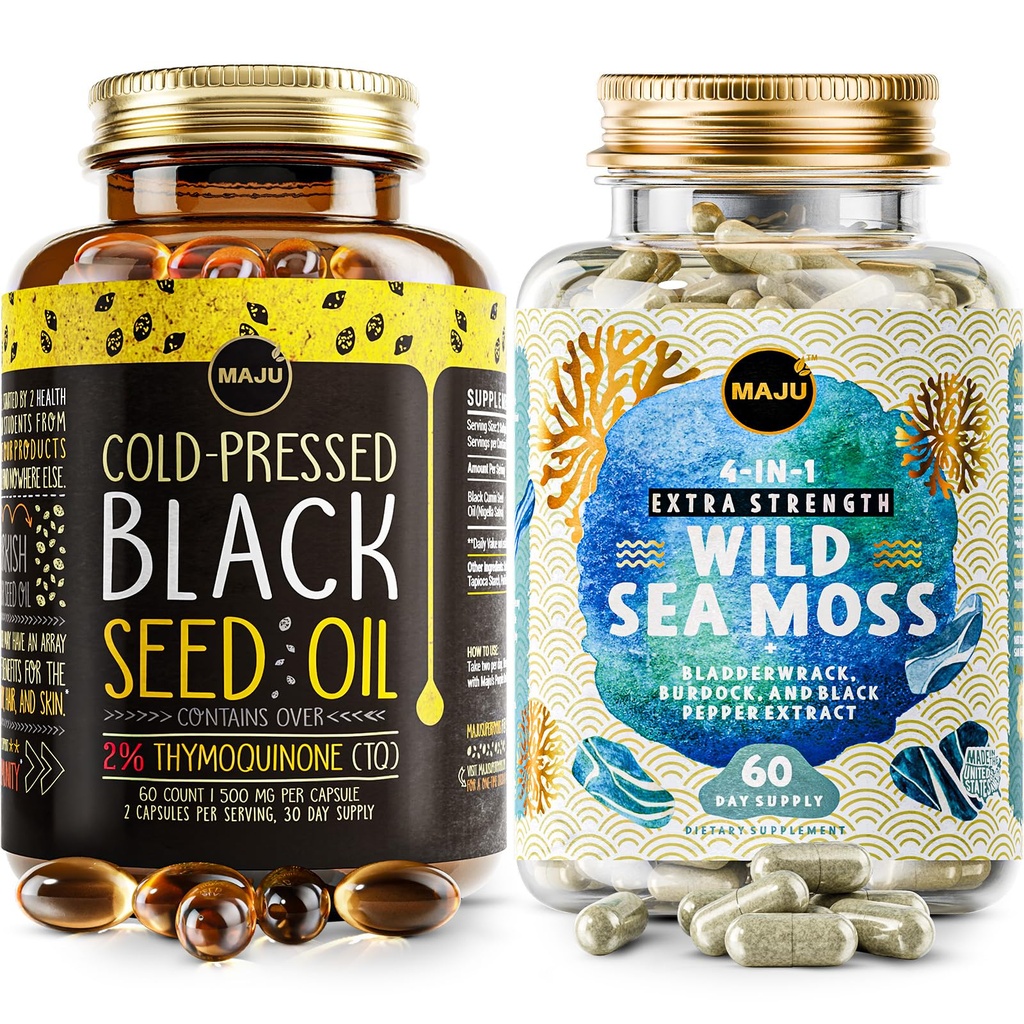 Maju Superfoods 4- in-1 Sea Moss Capsules and Black Seed Oil Capsules Bundle