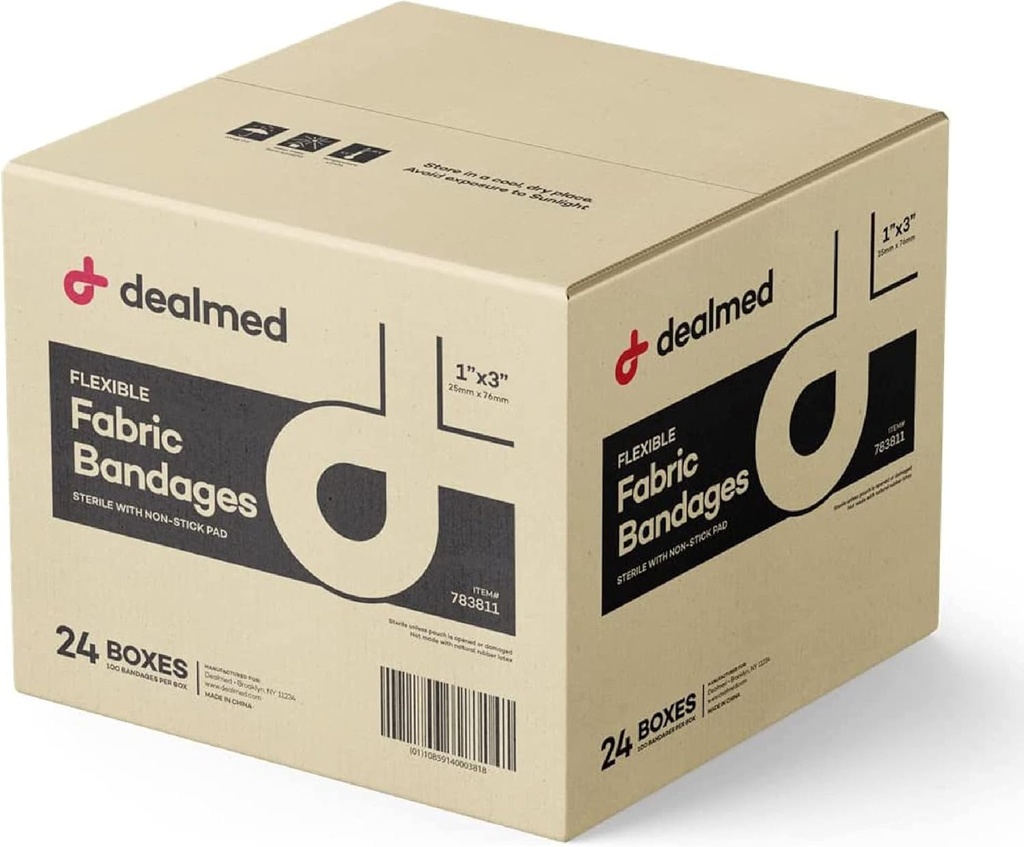 Dealmed Steril Fleksibel stof vedhæftede bandager - 1x3 tommer - 100 / Box - 24 bokse - Breathable First Aid Strip Pack - Soft Stretch Wound Patch for Medical, Emergency Kits & Clinic