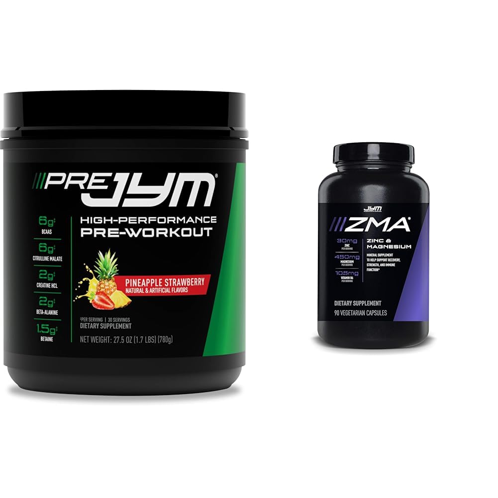 PRE JYM 30 Servering Ananas Jordbær & JYM ZMA Zink / Magnesium kapsler Supplement 90 Vegetariske kapsler