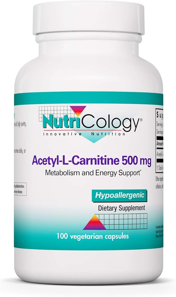 Nutricology Acetyl- L- Carnitin 500mg Supplement - Metabolisme og energistøtte, ALC, fri form Aminosyre, Vegetariske kapsler - 100 Tæl