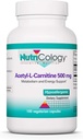 Nutricology Acetyl- L- Carnitin 500mg Supplement - Metabolisme og energistøtte, ALC, fri form Aminosyre, Vegetariske kapsler - 100 Tæl