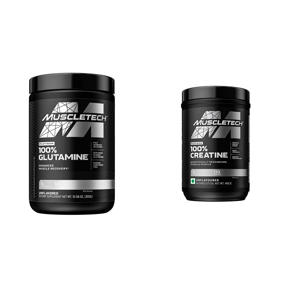 MuscleTech Creatin Monohydrat Powder Platinum Pure Mikronized Muscle Recovery + Builder & owder 100% Pure L Glutamin Powder