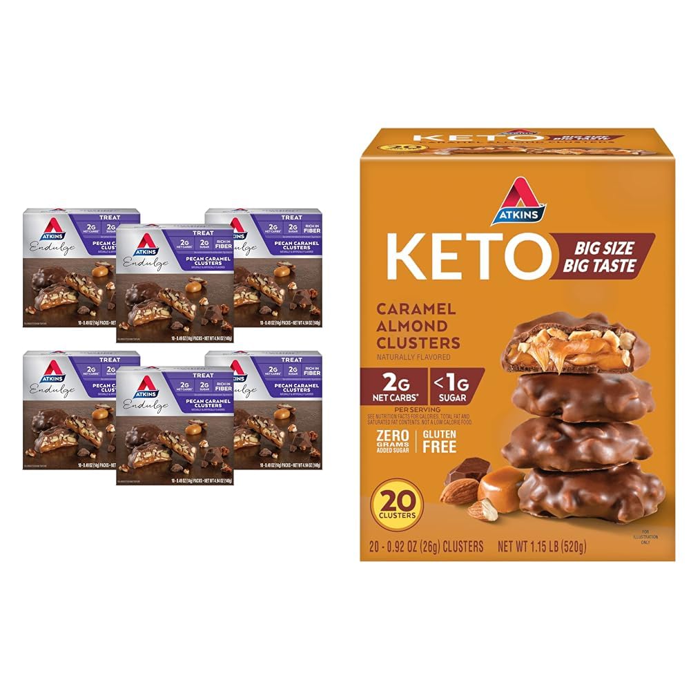 Atkins Pecan Caramel & Caramel Mandel Clusters, 60 & 20 Greve, High Fiber, Low Sugar, Low Carb