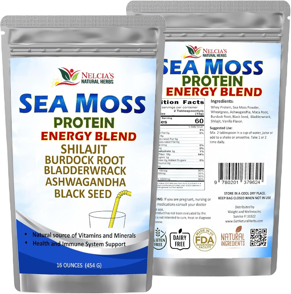 NELCIA 'S NATURLIGE HERBS Sea Moss Ashwagandha Protein Powder -Natural Irish Sea Moss, Bladerwrack og Burdock Root, Black Seed og Shilajit Powder (16oz)