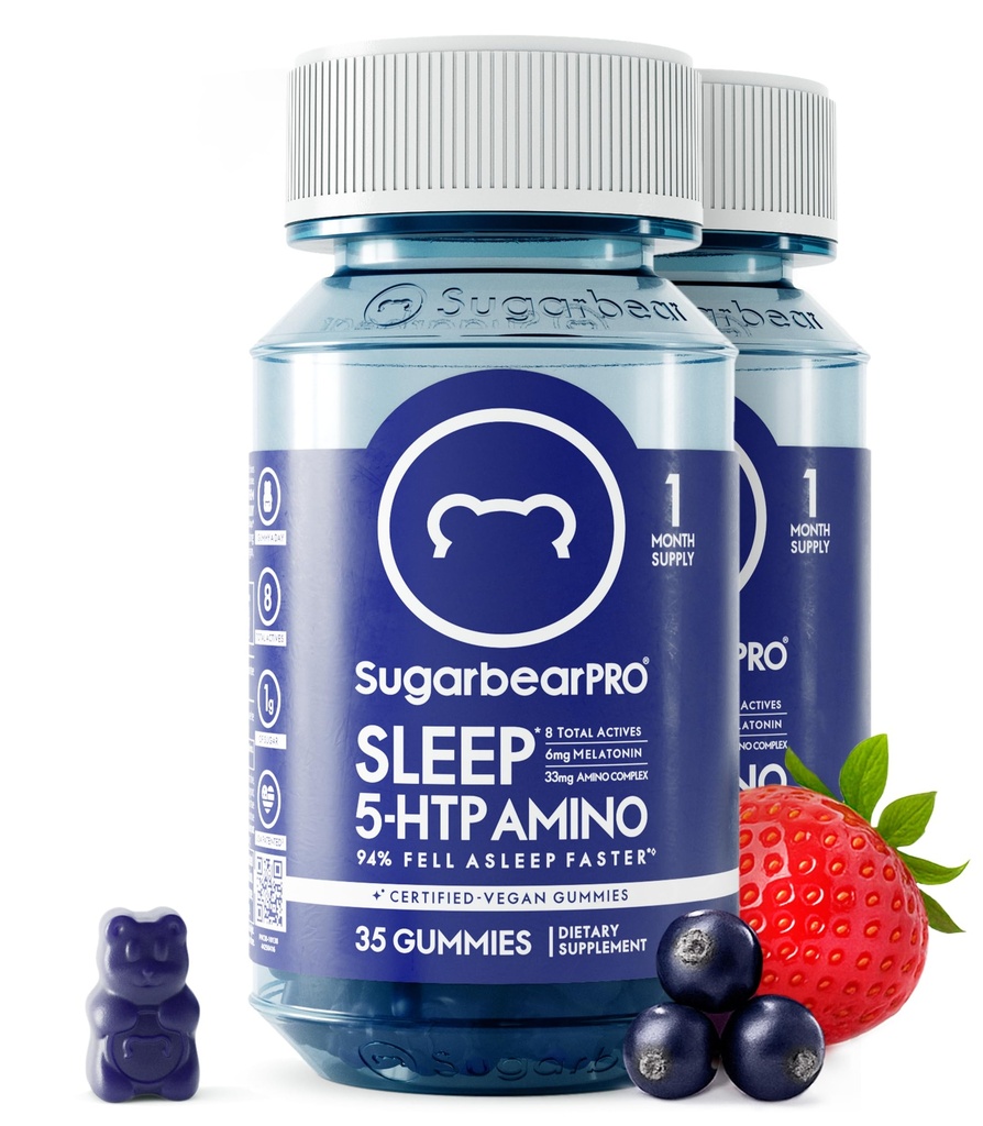 SugarBearPro sovegummi 2 måneder Supply, Extra Strength Melatonin 6mg, for mænd og kvinder, Vegan Vitamin B6, L- Theanine, 5 HTP, Valerian, Sovehjælp til voksne & Teens, Certificeret Kosher