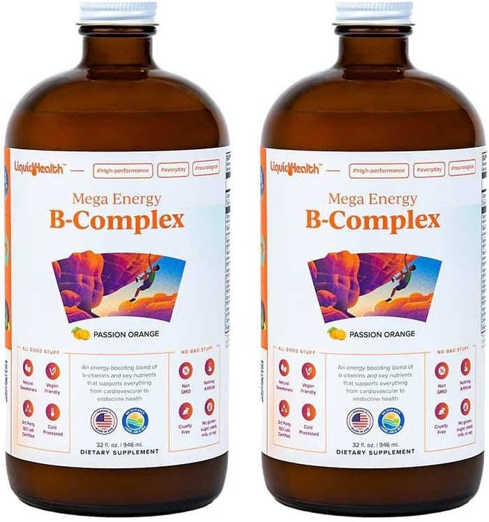LIQUIDHEALTH Mega Energy Methylated B-Complex, Adult Liquid Vitamin Supplement - Increase Energy, Relieve Stress & Fatigue, Immune Support, Heart & Gut Health - Made in USA, Vegan, Sugar-Free (2 Pack)