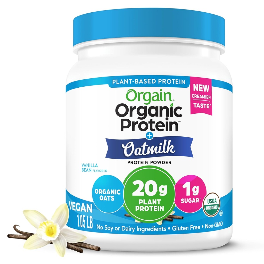 Orgain Organic Vegan Protein Powder + Havre Mælk, Vanilla Bean - 20g Plant Based Protein, Gluten Free, No Dairy, Soy eller Lactose Ingredienser, Lavsukker, Non- GMO, Kosher, For Shakes & Smoothies - 1.05lb