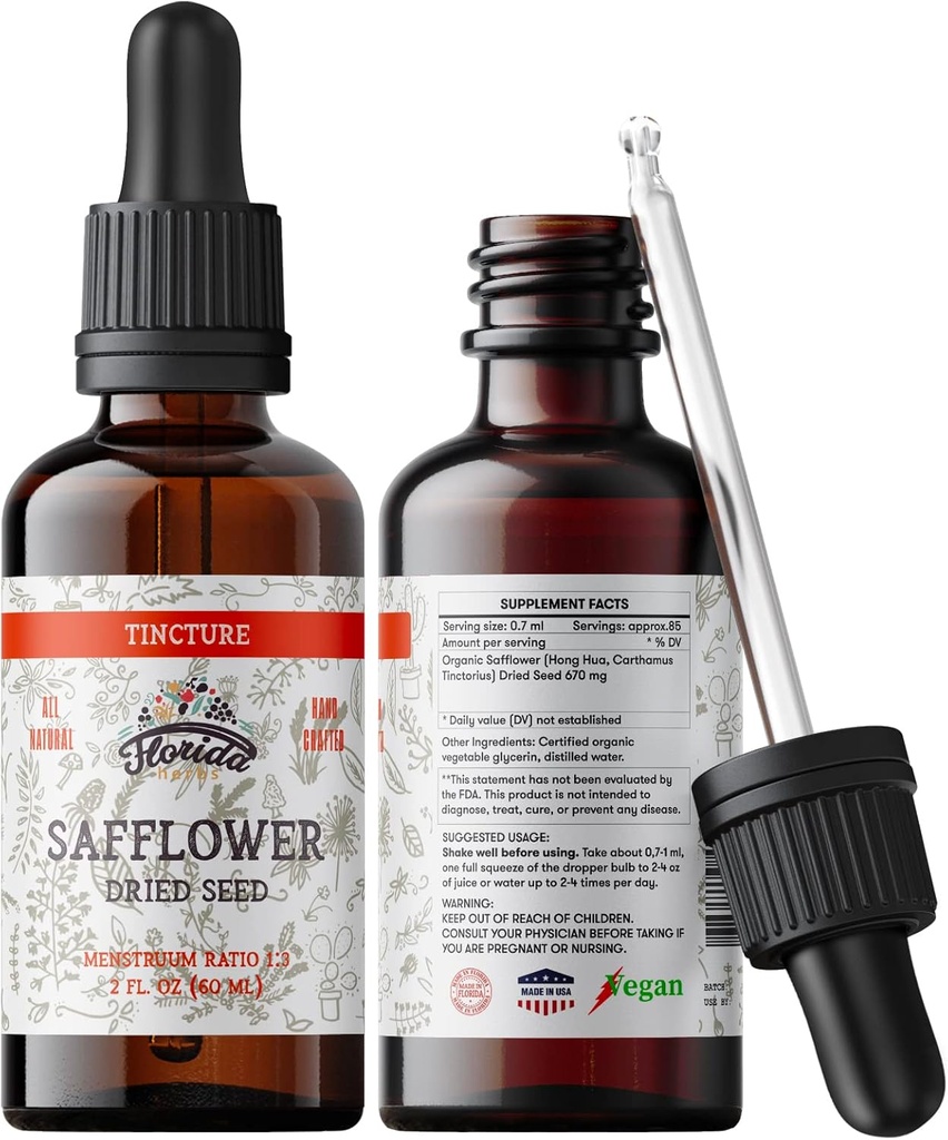 Saflor Tinktur, Organic Saflor Extract (Hong Hua, Carthamus Tinctorius) Urtetilskud, Non- GMO i Cold- Pressed Organic Vegetabilsk Glycerin, 700 mg, 2 oz (60 ml)