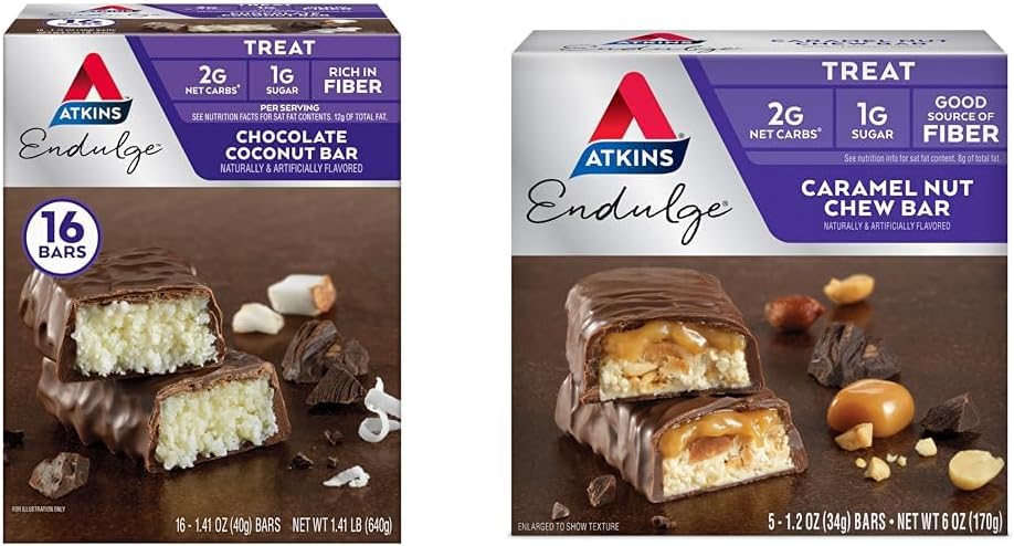 Atkins Endulge chokolade kokos Bar 16 Grev & Karamel Nut Chew Bar 5 Grev Bundle