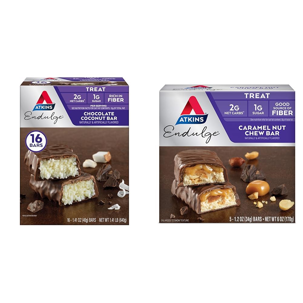 Atkins Endulge chokolade kokos Bar 16 Grev & Karamel Nut Chew Bar 5 Grev Bundle