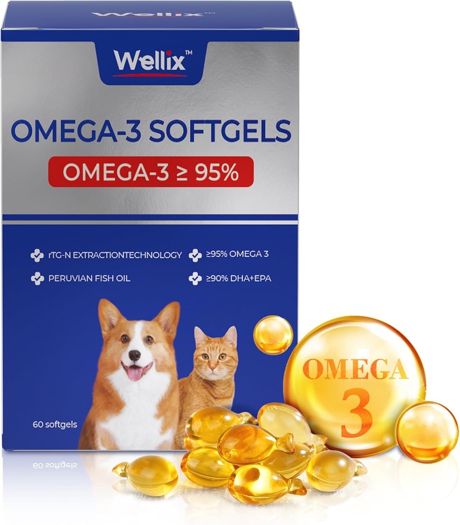 Wellix Pure Omega 3 Fish Oil for Dogs & Cats, Skin and Coat Supplement for Shedding, Promodes Heart, Skin, Coat, Joint, & Immunity Health