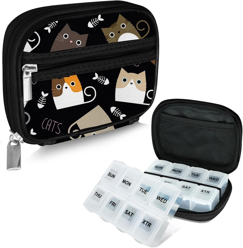 Serfeymi Weekly Travel Pill Organizer Pill Case for Purse med Aftagelig 7 Day Pill Box, Fashionable Travel Medicine Organizer Pill Container for Medicine, Vitamin, Supplement - Black 03 + Pill Box