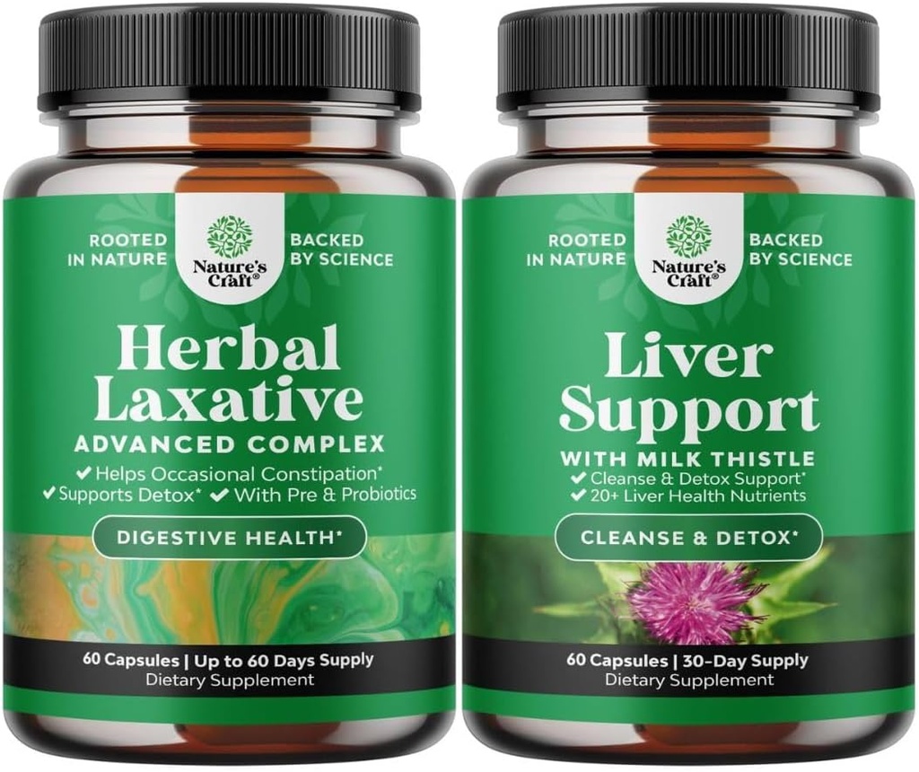 Bundle af Herbal Laxative Kapsler med Probiotika og Mælk Thistle Lever Support - Natural Colon Detox fordøjelsessystem - Herbal Lever Supplement med Silymarin Mælk