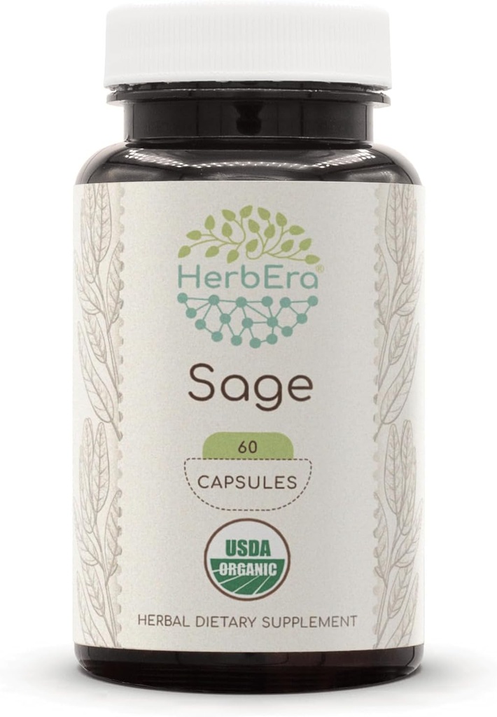HerbEra Sage USDA Organic 60 Capsules | Natural Herbal Supplement | Certified Organic Vegetarian Capsules and Organic Sage (Salvia officinalis) Dried Leaf (60 Capsules)