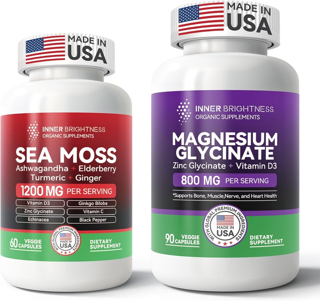 Ultimate Wellness Bundle: All- in-1 Sea Moss Advanced + Magnesium Glycinate for Energy, Immun, Sleep & Heart Health - 60ct Sea Moss Pills + 90 Vegetariske Kapsler