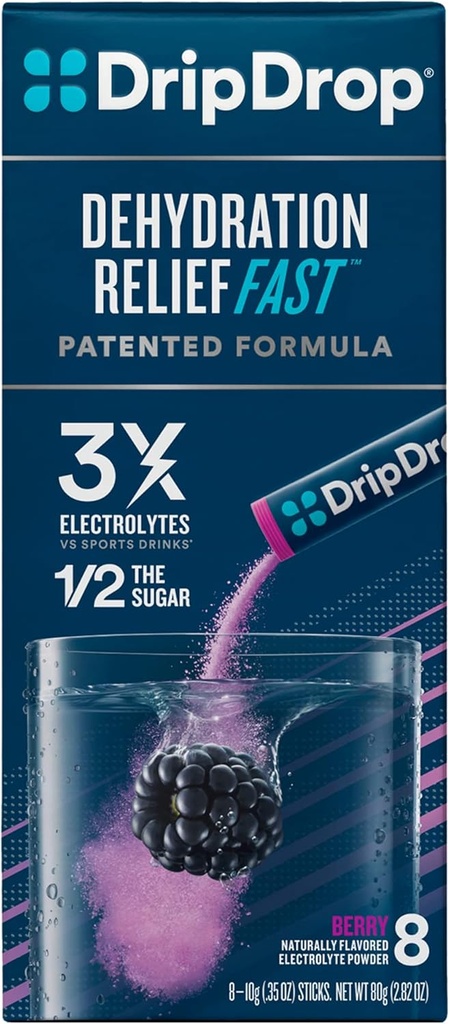 DripDrop ORS Electrolyte Hydration Powder sticks, Berry, 10g sticks, 8 Greve