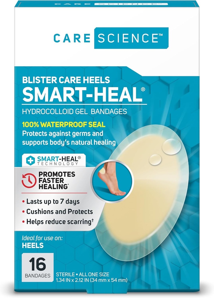 Care Science Smart Heal Hydrocolloid Gel Bandages for Heels, 1,3 in x 2.1 in, 16 Count