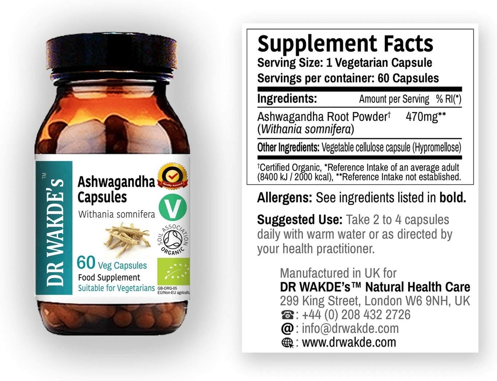 DR WAKDEs Ashwagandha Kapsler (Indisk Ginseng, Withania somnifera, 60 Veg Caps, Plant- baseret supplement, Ayurvedic Herb, All Natural, Vegan)