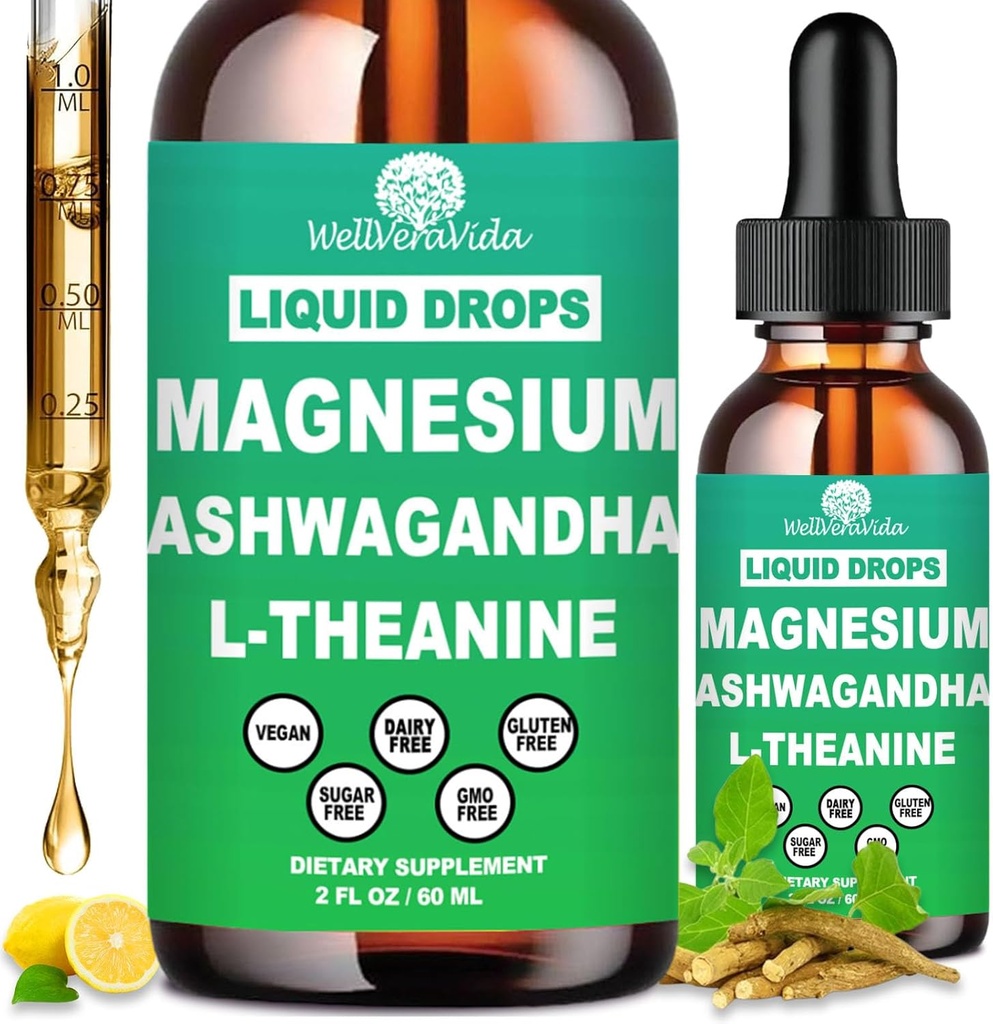 2 Pack Cortisol Supplement w. Magnesium L Theanine Ksm- 66 Ashwagandha Vitamin K2 B6 D 3 Supplement, Flydende Magnesium til Cortisol Reducere Detox Manager, Calm Afslapning & Balanceret Hormone