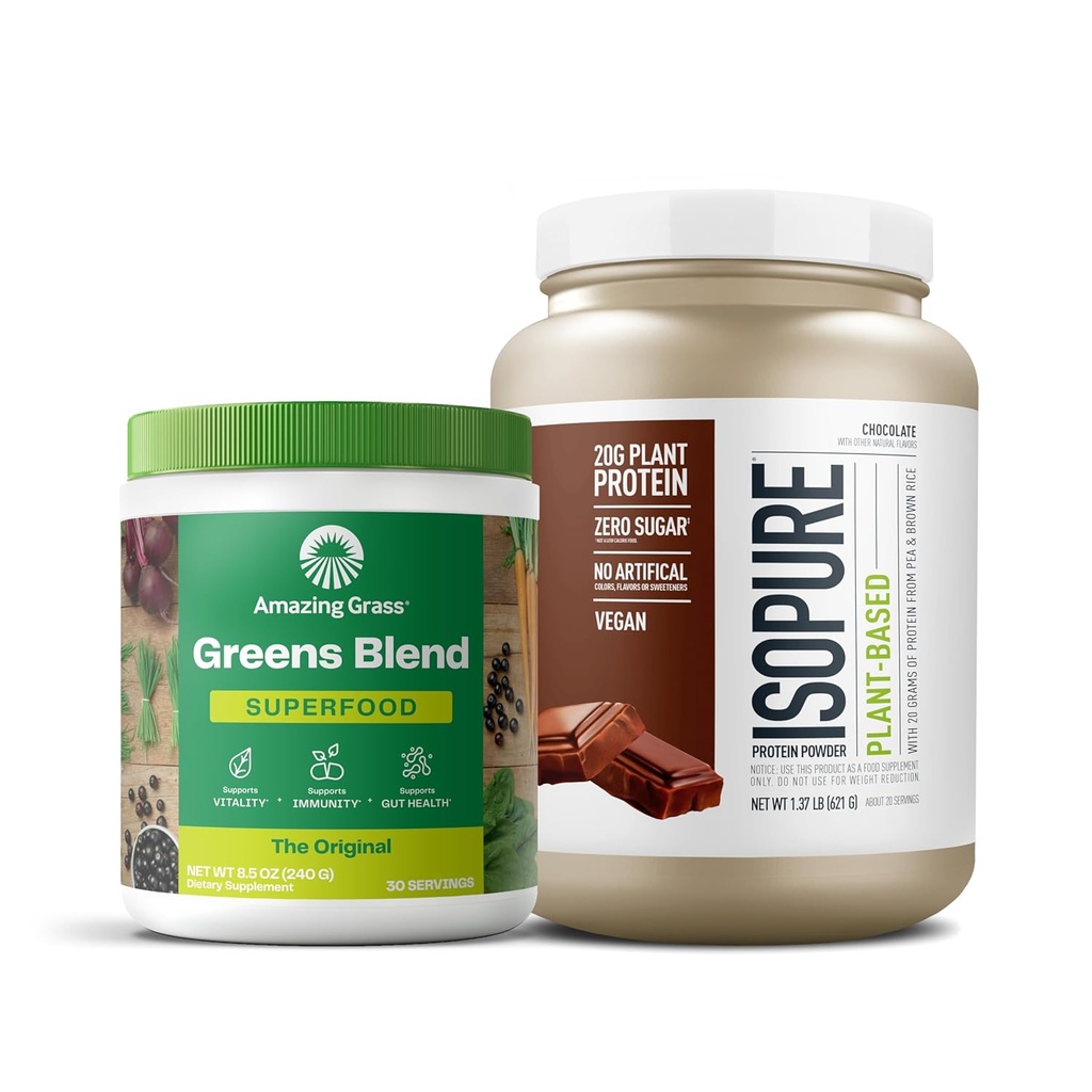 Bundle of Amazing Grass Green Superfood Powder: Original, 30 Servere + Isopure Chokolade Vegan Protein Powder, Plant Based, Organic Pea Protein, Dairy Free, 20 Servere (Packaging May Vary)