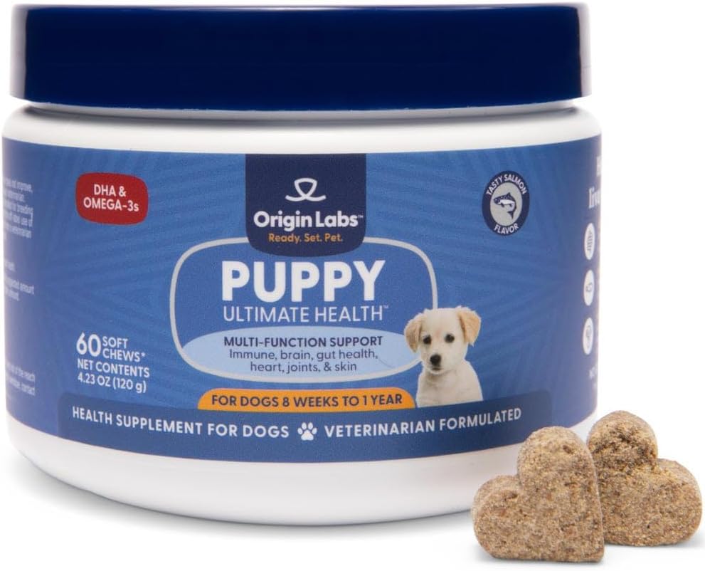 Oprindelse Labs Puppy Multifunction Support DHA Omega 3 Supplement, Wild Alaska Salmon Fish Oil, Probiotisk til Gut Health, immunforsvar, hjerte, hud, hjerne, fælles sundhed, laks flavor, 60 bløde tygger