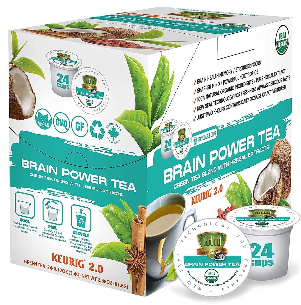 SOLO Brain Power Organic Green Tea Pods med MCT, Acai & Essentiel ernæring, Nootrop Brain Booster - Forbedrer hukommelse & fokus kompatibel med 2.0 K- Cup Keurig Brewers, 24 Ct