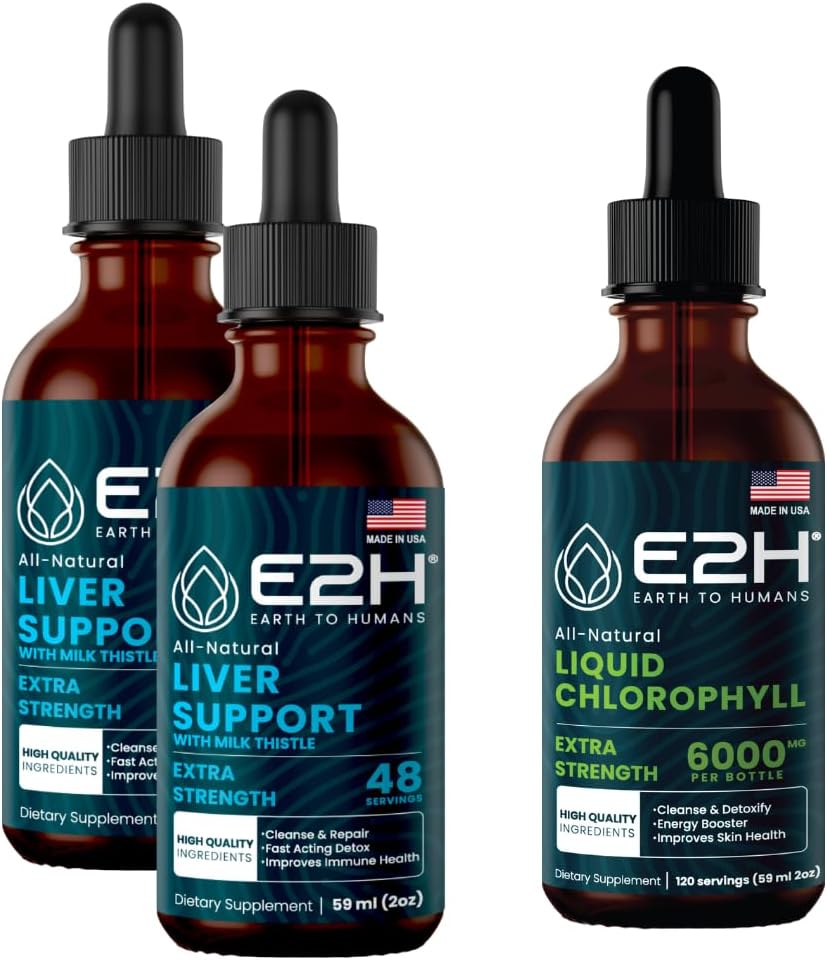 E2H: Levertilskud (2 Pack - 4 Fl Oz) og Chlorophyll flydende dråber (enkelt flaske - 2 Fl Oz)