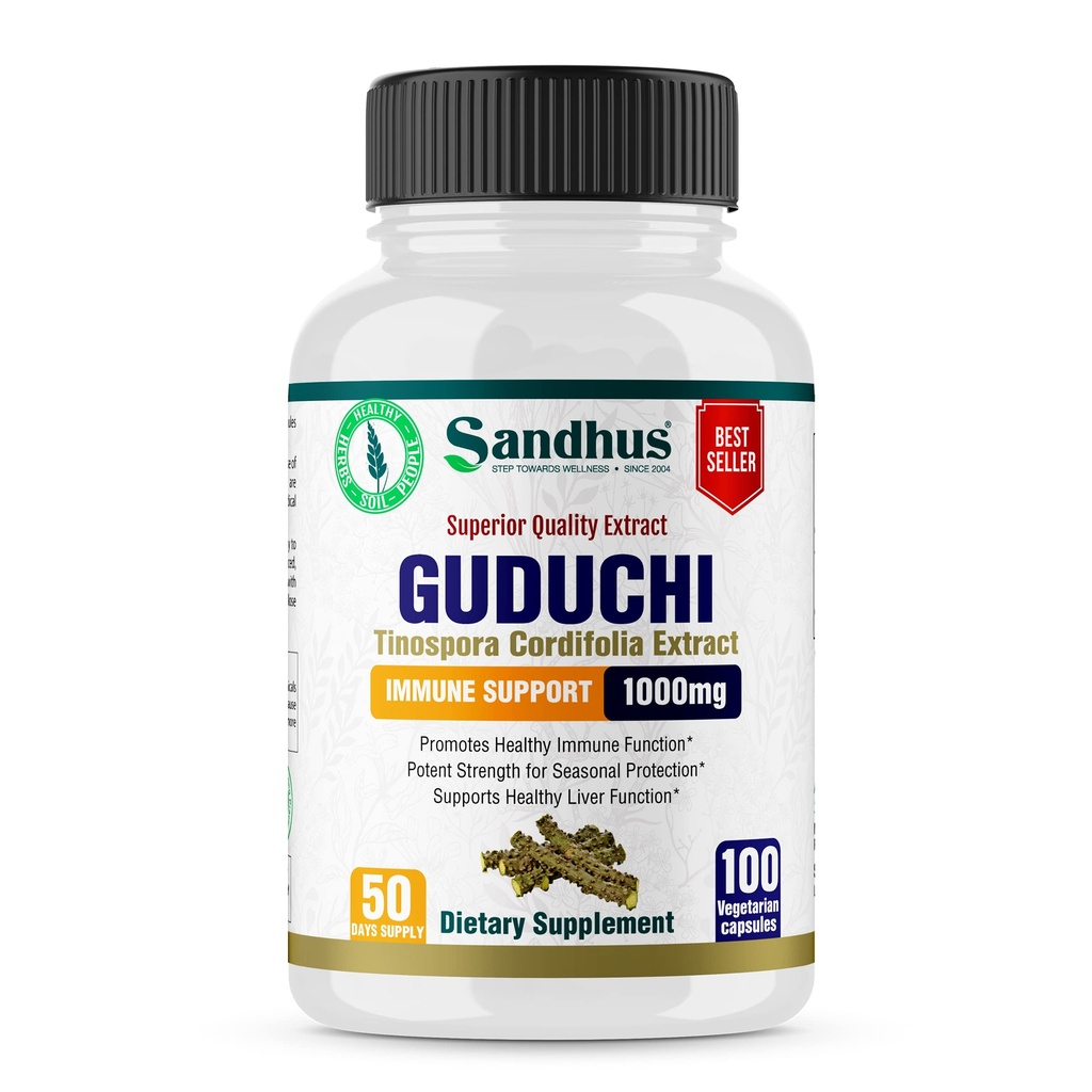 Sandhu 's Guduchi (Tinospora Cordifolia) Giloy 100 Vegetariske Kapsler Immunstøtte 1000mg per servering