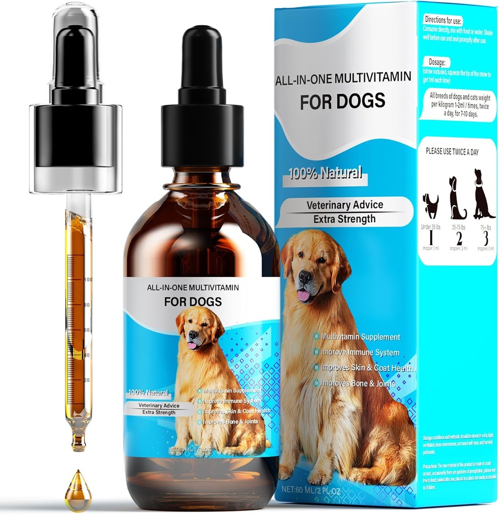 Hund Vitaminer Flydende, 13-1 Hund Multivitamin Ekstra Styrke til at forbedre hundens fordøjelse & immunforsvar, hud & Coat, ben & fælles sundhed, 60 Ml Natur Hund Vitaminer og Kosttilskud til All Age Breed Størrelse Hund