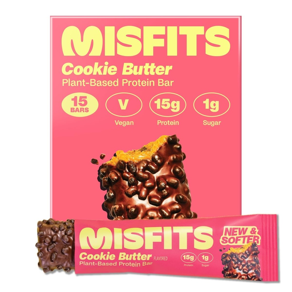 Misfits Vegan Protein Bars, Cookie Butter - Opdateret Opskrift Note 124; Plant baseret, Lavsukker & Carb, High Fiber Snacks