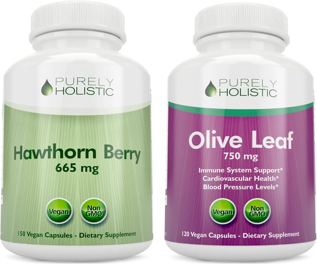 Rent holistisk Hawthorn Berry 665mg + Olive Leaf Extract 750mg Bundle + 270 Veganske kapsler - Made in The USA
