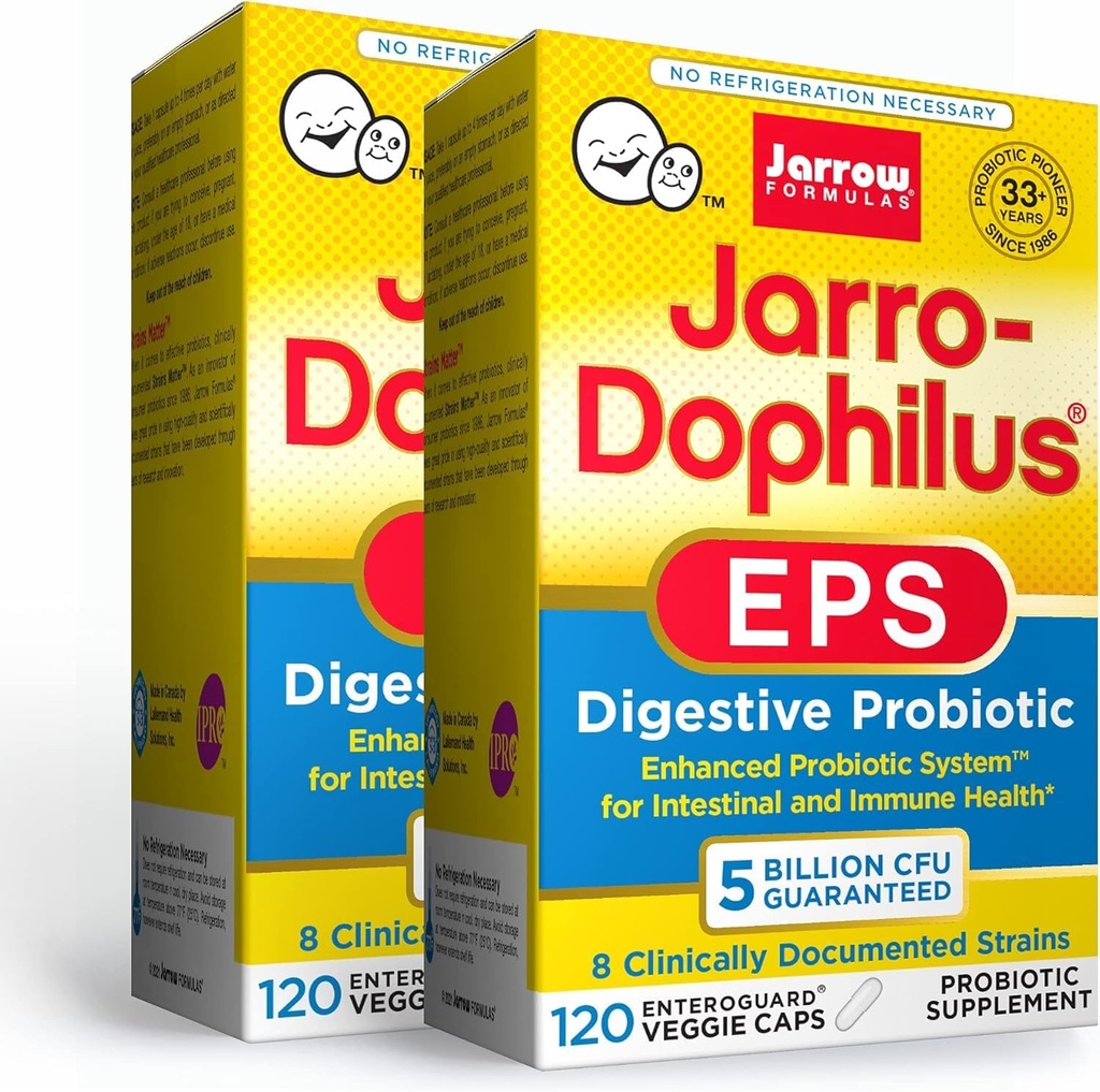 Jarrow Formulas Jarro- Dophilus EPS - 5 Millioner Organismer Per Serving - 120 Enteric Coated Veggie Caps, Multi- Strain Probiotic - Intestinal & immunforsvar, 120 Count (Pack of 2)