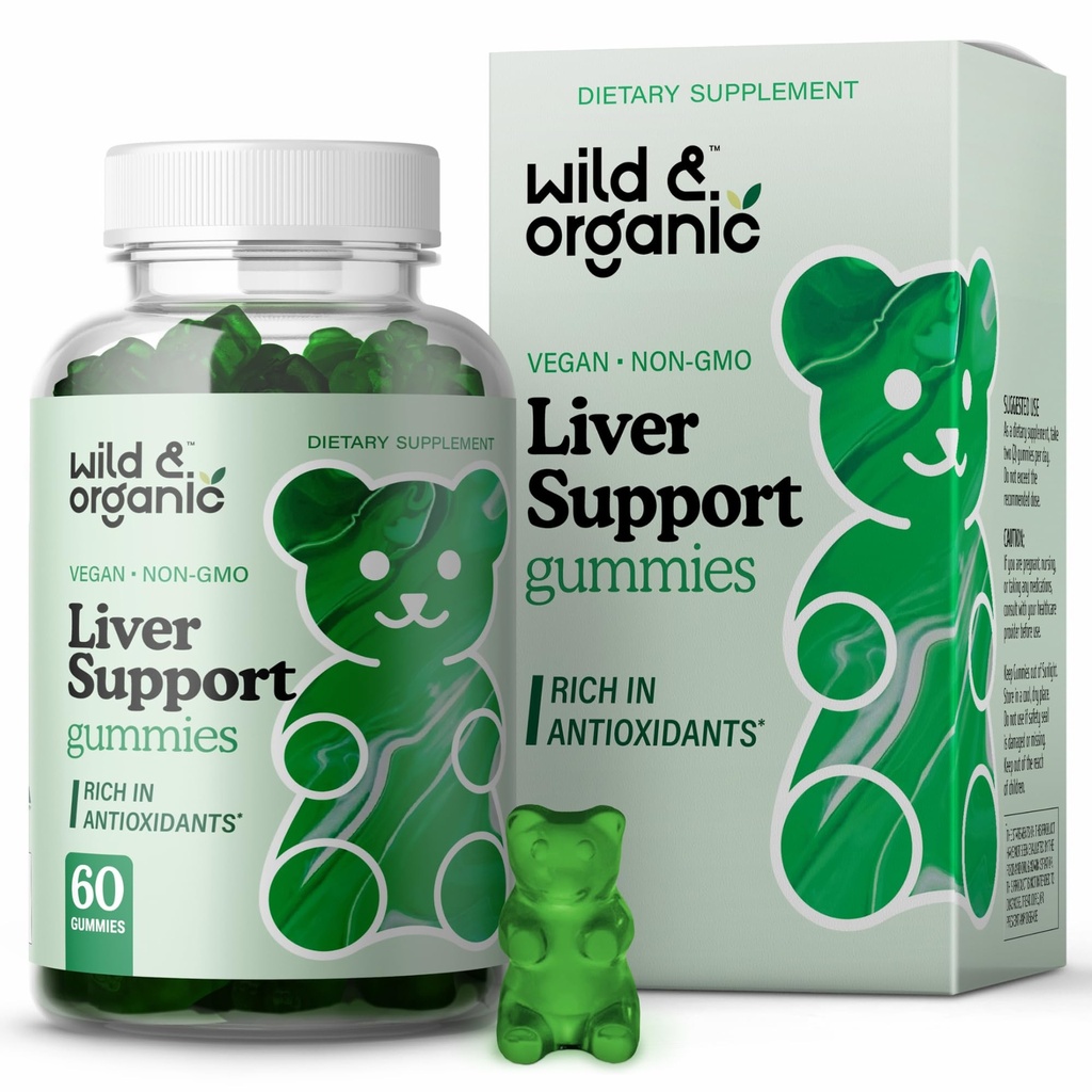 Wild & Organic Lever Support Gummies - Milk Thistle, Mælkebøtte Root Extract for Lever Cleanse Detox - 60 Silymarin Milk Thistle Gummies - Vegan, Non- GMO urtetillæg.