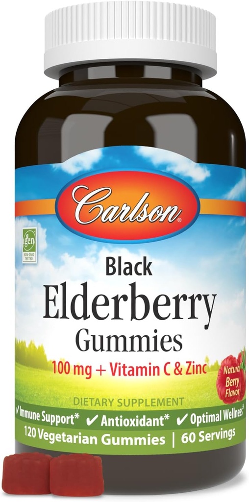 Carlson - Black Elderberry Gummies, med C-vitamin og zink, immunstøtte, 120 Gummies