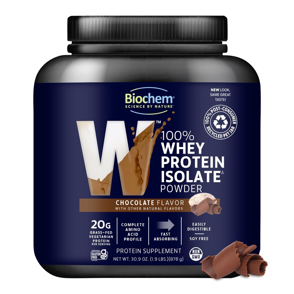 Biochem 100% Whey Isolate Protein Powder, Chocolate Flavor, 20g Grass-Fed Protein, Keto Friendly, Gluten Free, Vegetarian, Easily Digestible, 30.9 oz, 28 Servings