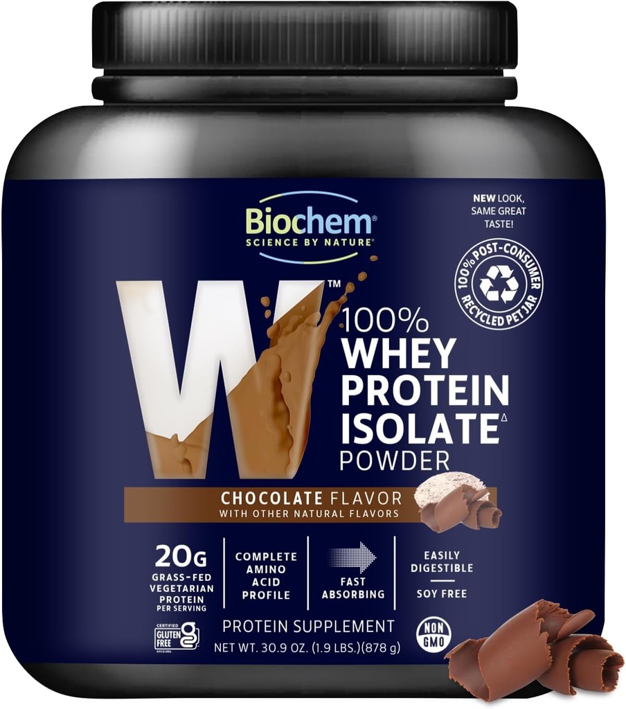 Biochem 100% Whey Isolate Protein Powder, Chokolade Flavor, 20g Grass- Fed Protein, Keto Friendly, Gluten Free, Vegetar, Nemt fordøjelig, 30.9 oz, 28 Servere