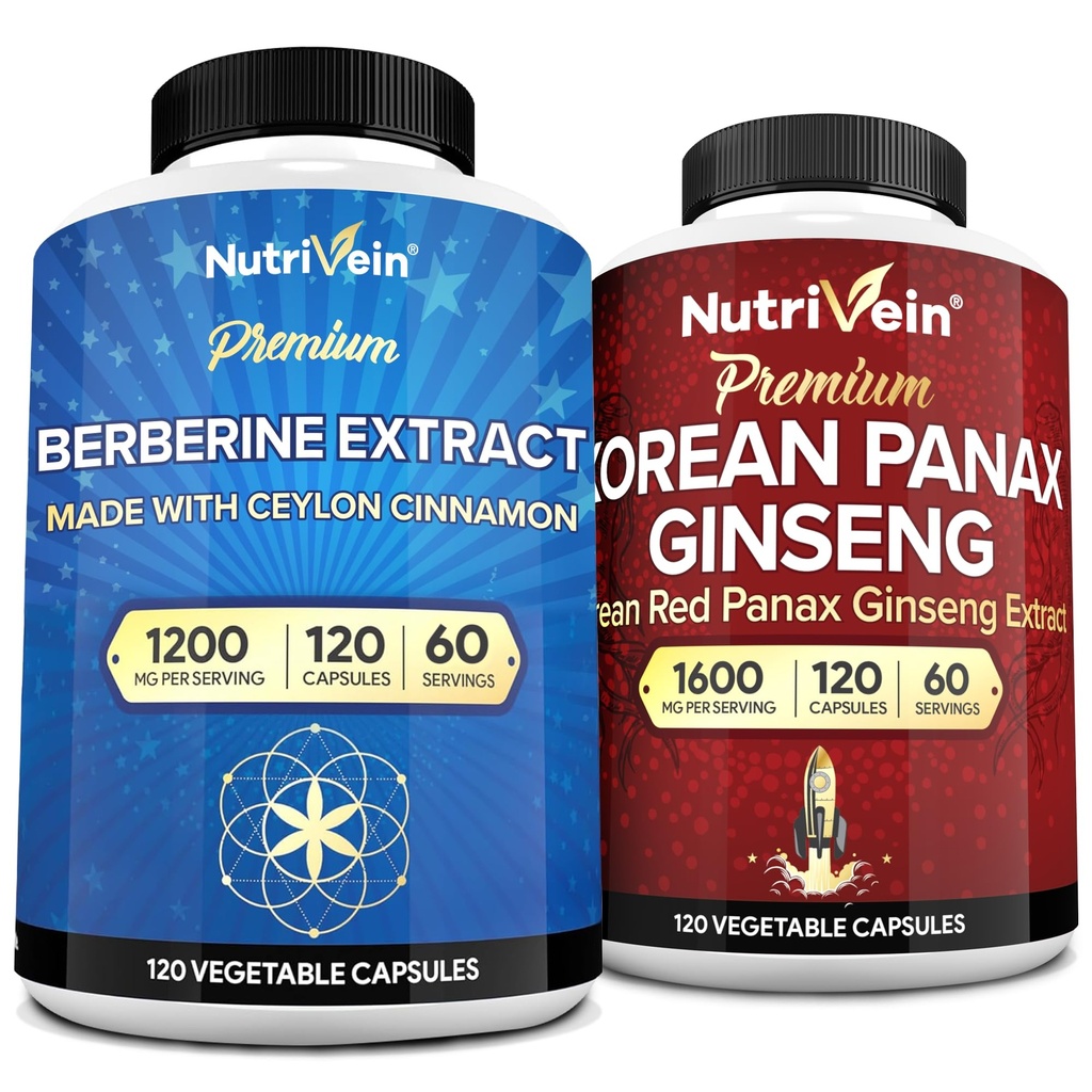 Nutrivein Premium Koreansk Panax Ginseng Supplement & Berberine Kosttilskud Bundle: High- Absorption Berberine Complex & Genuine Red Ginseng Bundle for daglig Clarity, Vitality, & Wellness