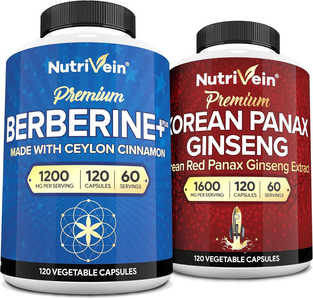 Nutrivein Premium Koreansk Panax Ginseng Supplement & Berberine Kosttilskud Bundle: High- Absorption Berberine Complex & Genuine Red Ginseng Bundle for daglig Clarity, Vitality, & Wellness