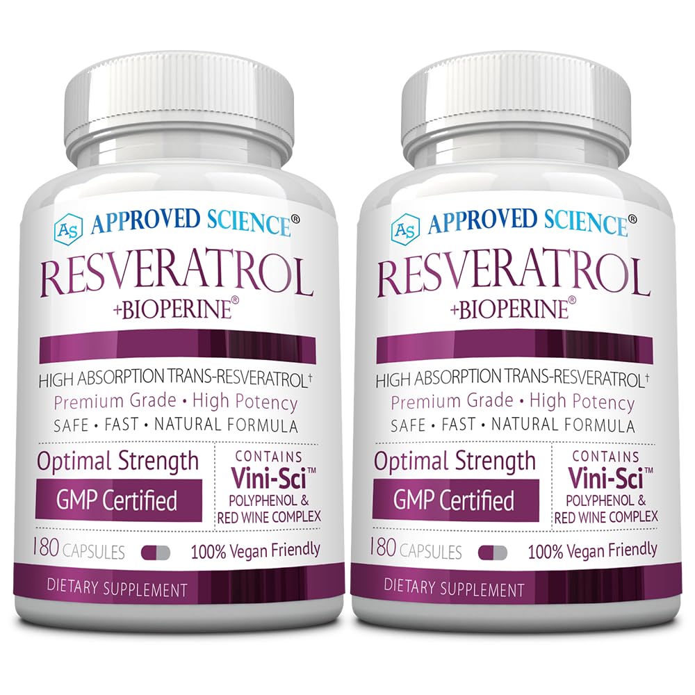 Godkendte Science ® Resveratrol - 1000 mg Trans Resveratrol - 250 mg Polyphenol - 98% Renhed - omfatter Bioperine ® - 380 Veganske venlige kapsler - 2 flasker