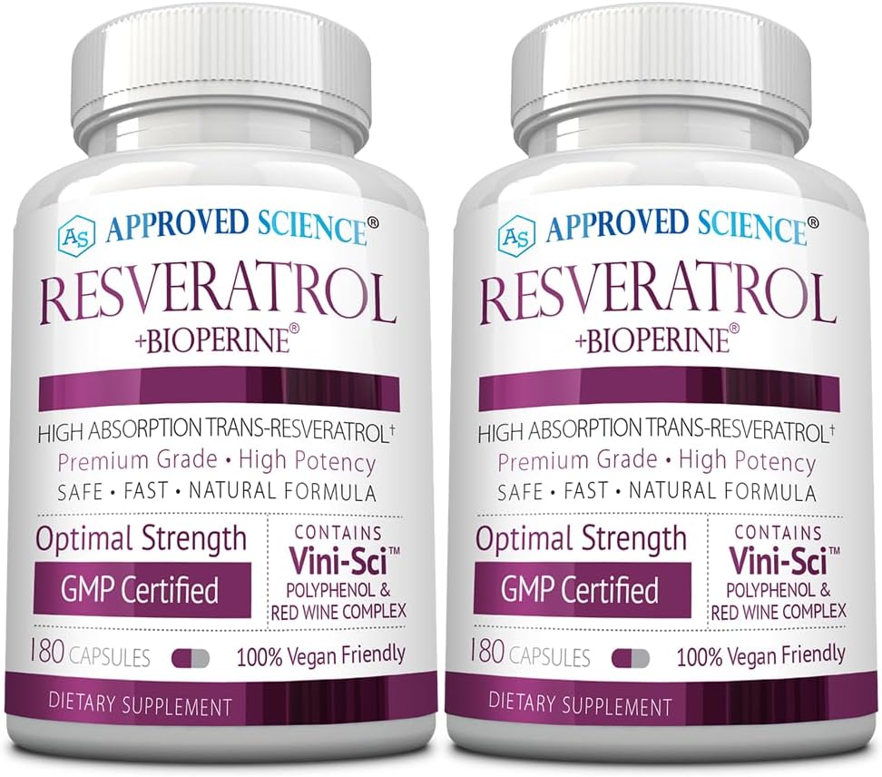 Godkendte Science ® Resveratrol - 1000 mg Trans Resveratrol - 250 mg Polyphenol - 98% Renhed - omfatter Bioperine ® - 380 Veganske venlige kapsler - 2 flasker